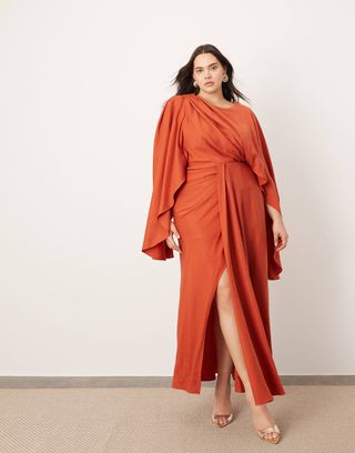 Asos Edition Curve Volume Flare Sleeve Grecian Cut Out Maxi Dress in Rust