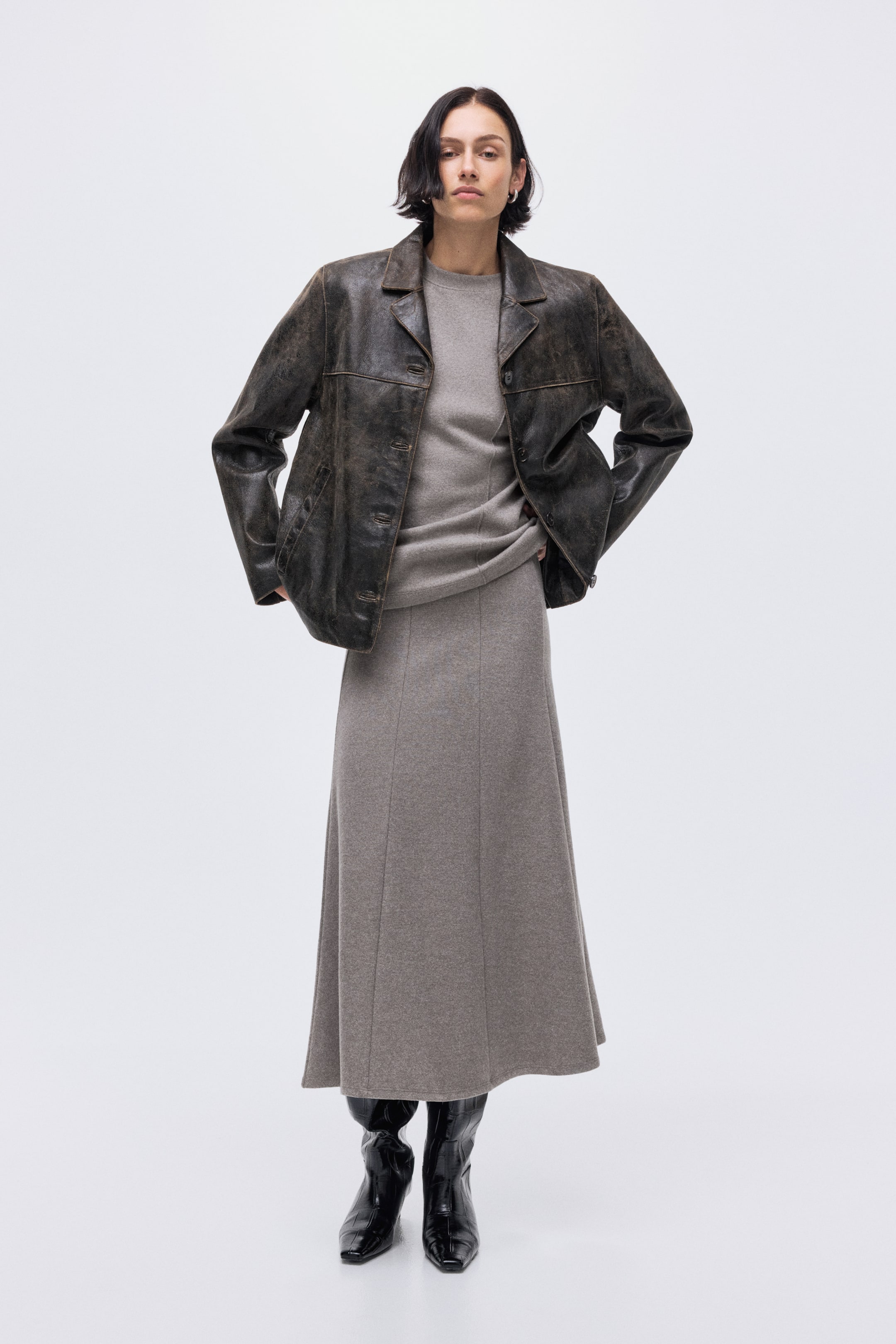 Fine-Knit Midi Skirt - Dark Grey Marl