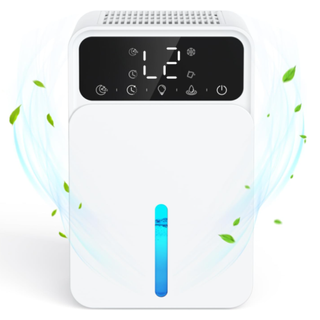 a product photo of a white dehumidifier with a black electronic screen 