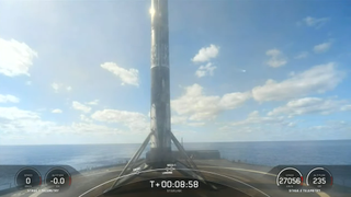 A SpaceX Falcon 9 booster lands on the droneship A Shortfall of Gravitas in the Atlantic Ocean on Oct. 20, 2022.