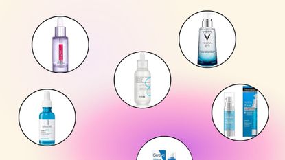 pink collage image showing six of the best hyaluronic acid serums in MIL's guide in white circles, including products from CeraVe, La Roche-Posay, Vichy, L'Oreal and CORSX
