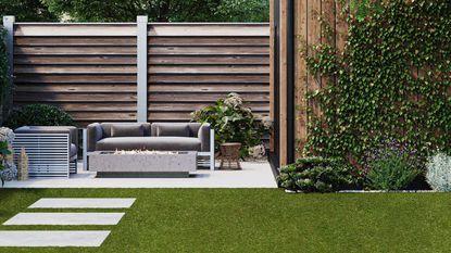 a sunny garden with an artificial grass lawn and a metal table and chairs