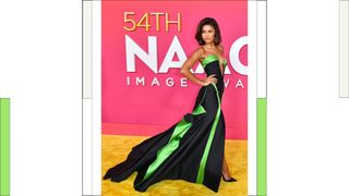 Zendaya wears a black and green gown as she arrives to the 54th Annual NAACP Image Awards at Pasadena Civic Auditorium on February 25, 2023 in Pasadena, California.