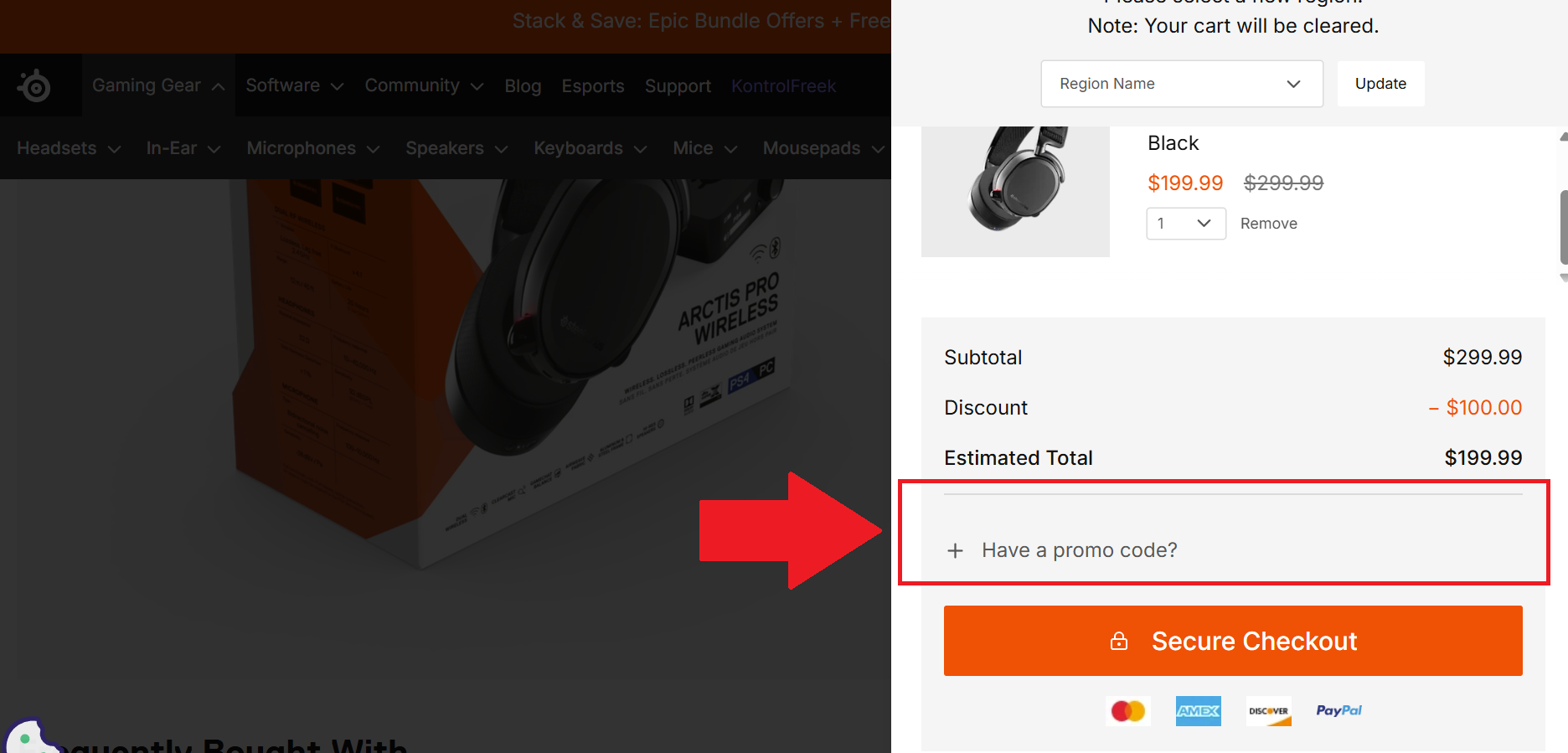 a screenshot of the steelseries basket before checkout showing where to enter a steelseries promo code