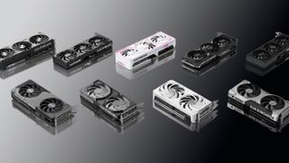 Nvidia GeForce RTX 5060 Ti GPUs lined up in shaded background