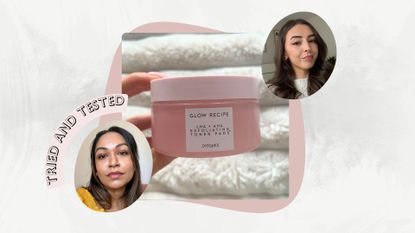Image of hand holding the Glow Recipe LHA + AHA Exfoliating Korean Toner Pads, on a white background with a mauve circle detail, a pink 'tried and tested' banner and two circular photos of our testers, Aleesha Badkar and Sennen Prickett