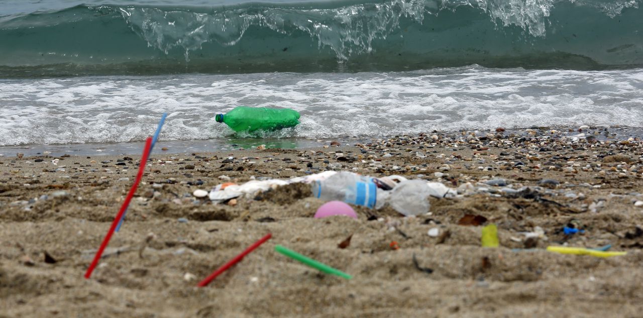 Plastic garbage on a beach.