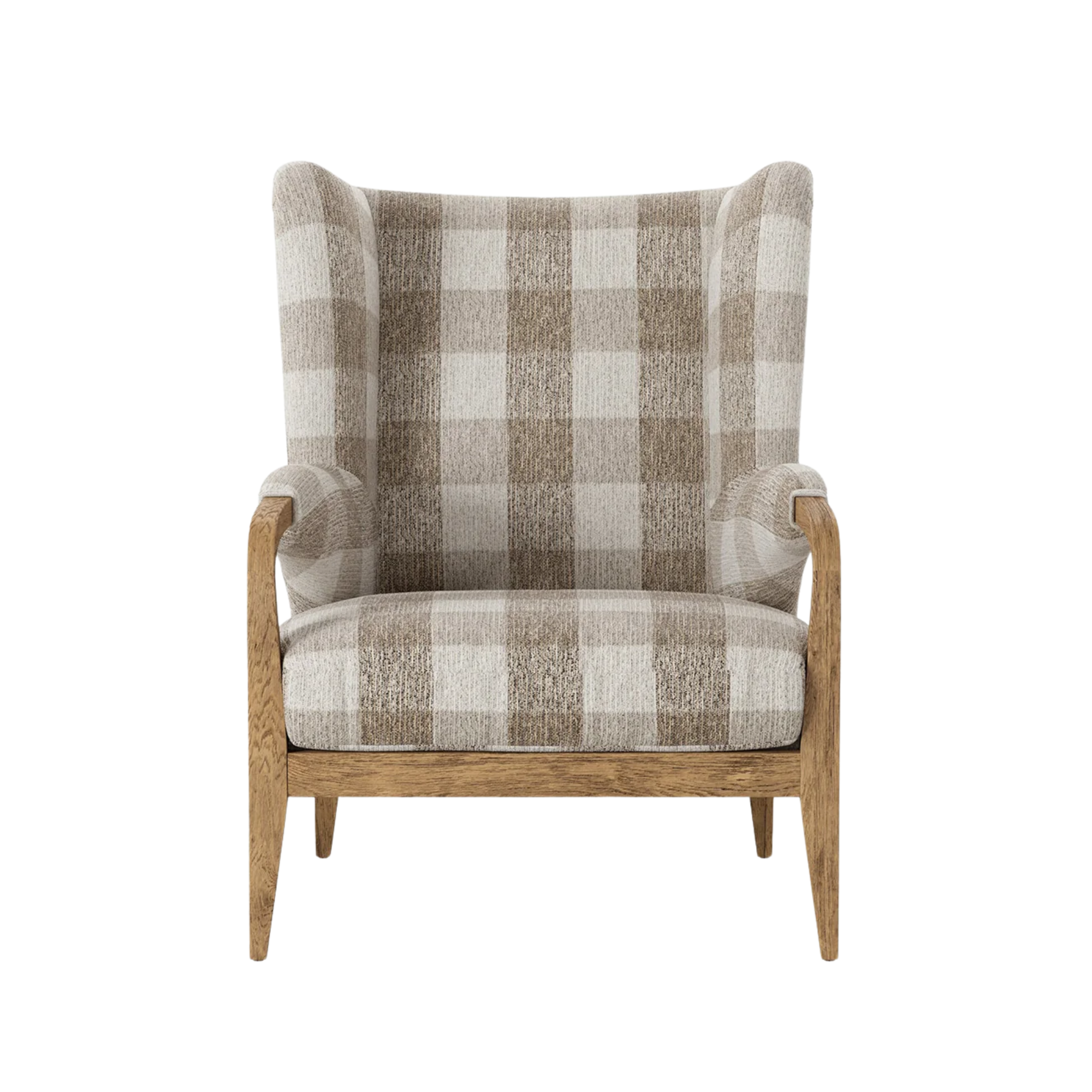 a wing-backed chair with a checkered print