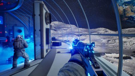 Screenshot from Together: Moon Escape, showing a first-person shot of two astronauts in a space station on the moon with the Earth in the far distance.