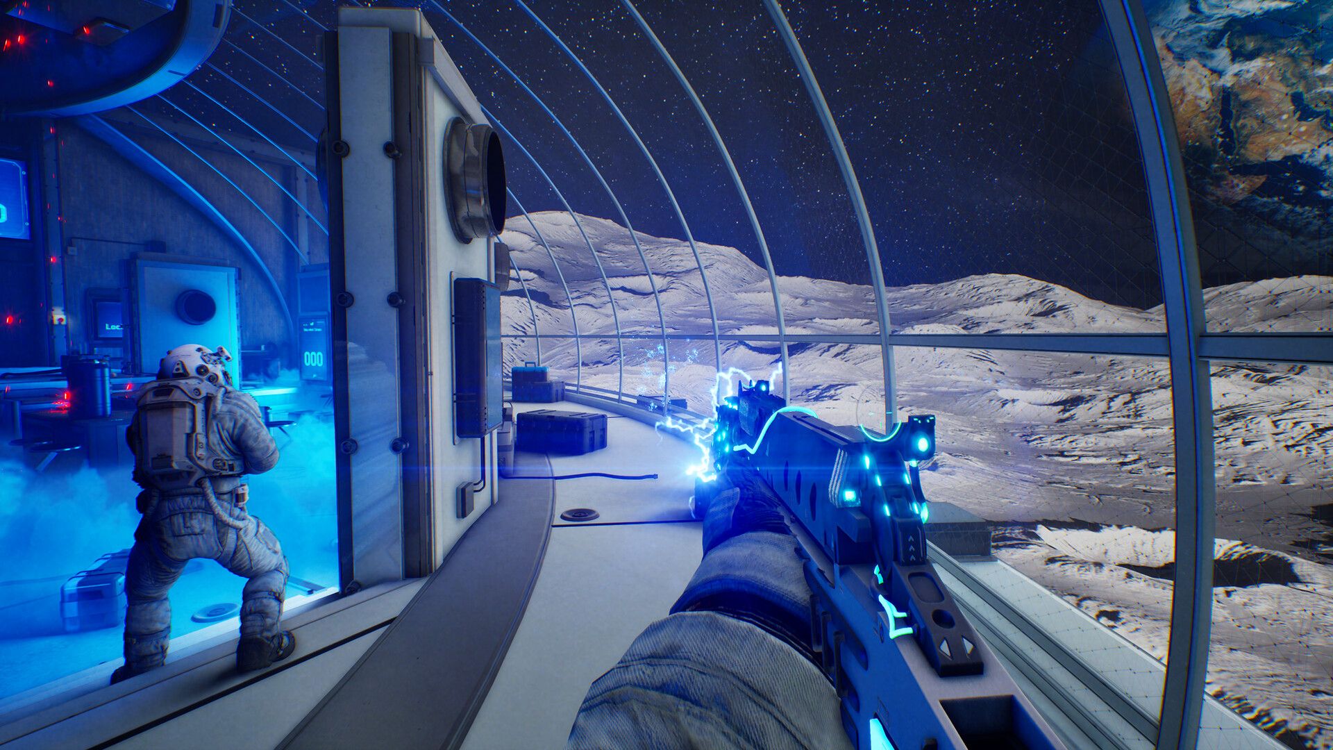 Screenshot from Together: Moon Escape, showing a first-person shot of two astronauts in a space station on the moon with the Earth in the far distance.