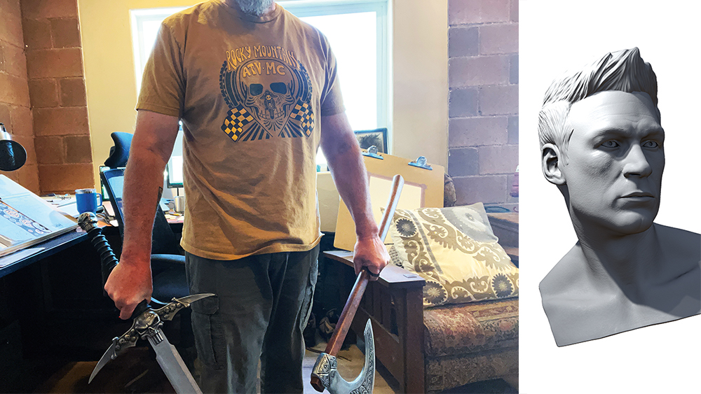 Reference images of a 3D bust and the artist holding swords