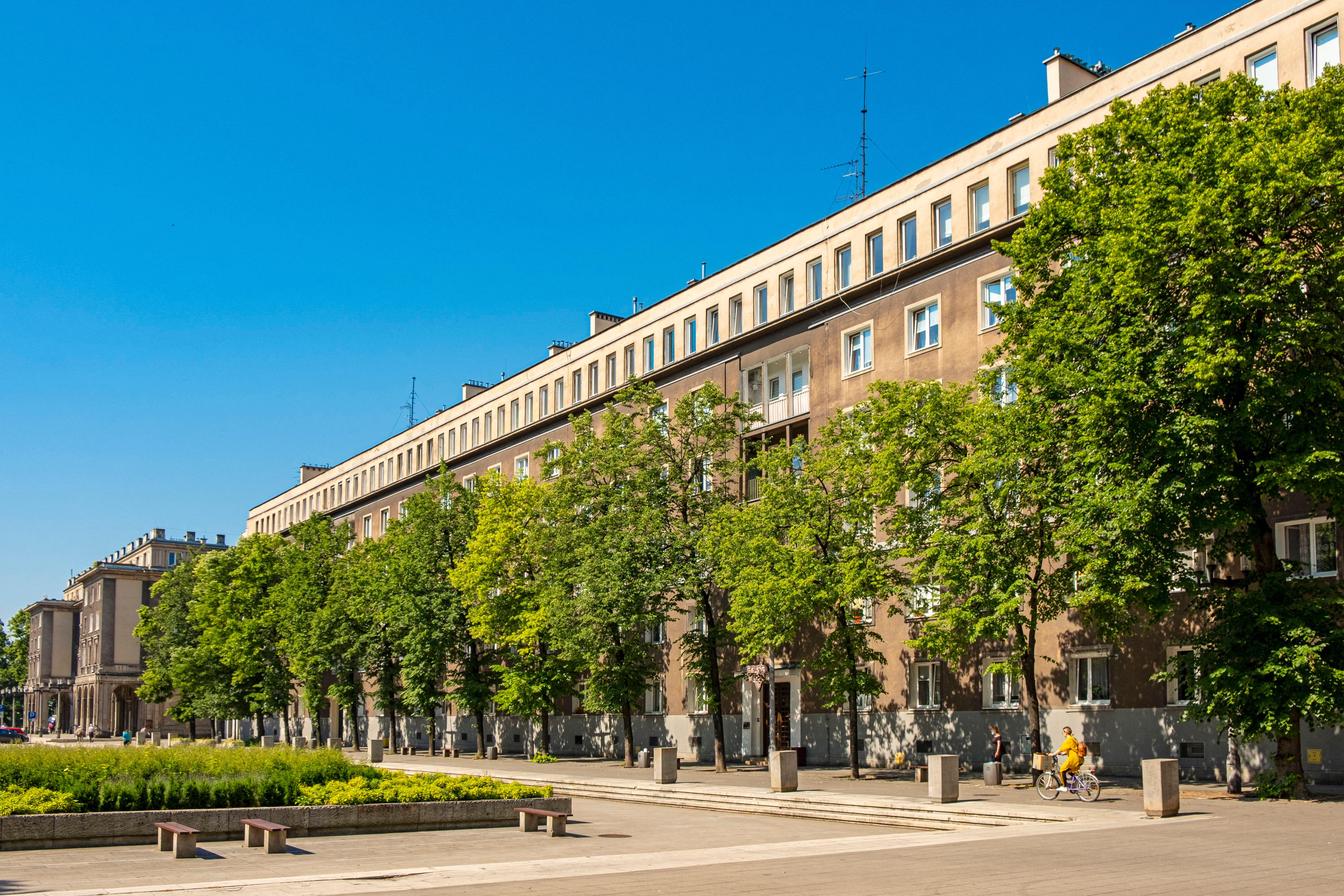 A tree lined avenue with workers housing in Nowa Huta