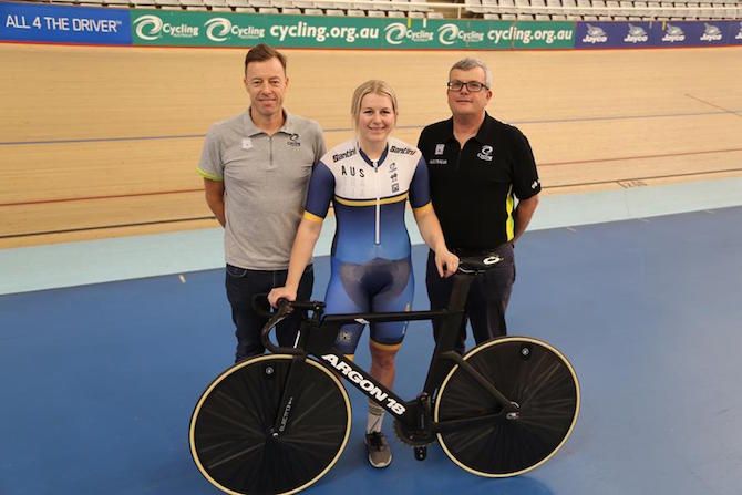 Cycling Australia Performance Director Simon Jones, athlete Steph Morton and Performance Systems Manager Andy Warr with one of the new Argon 18 track bikes