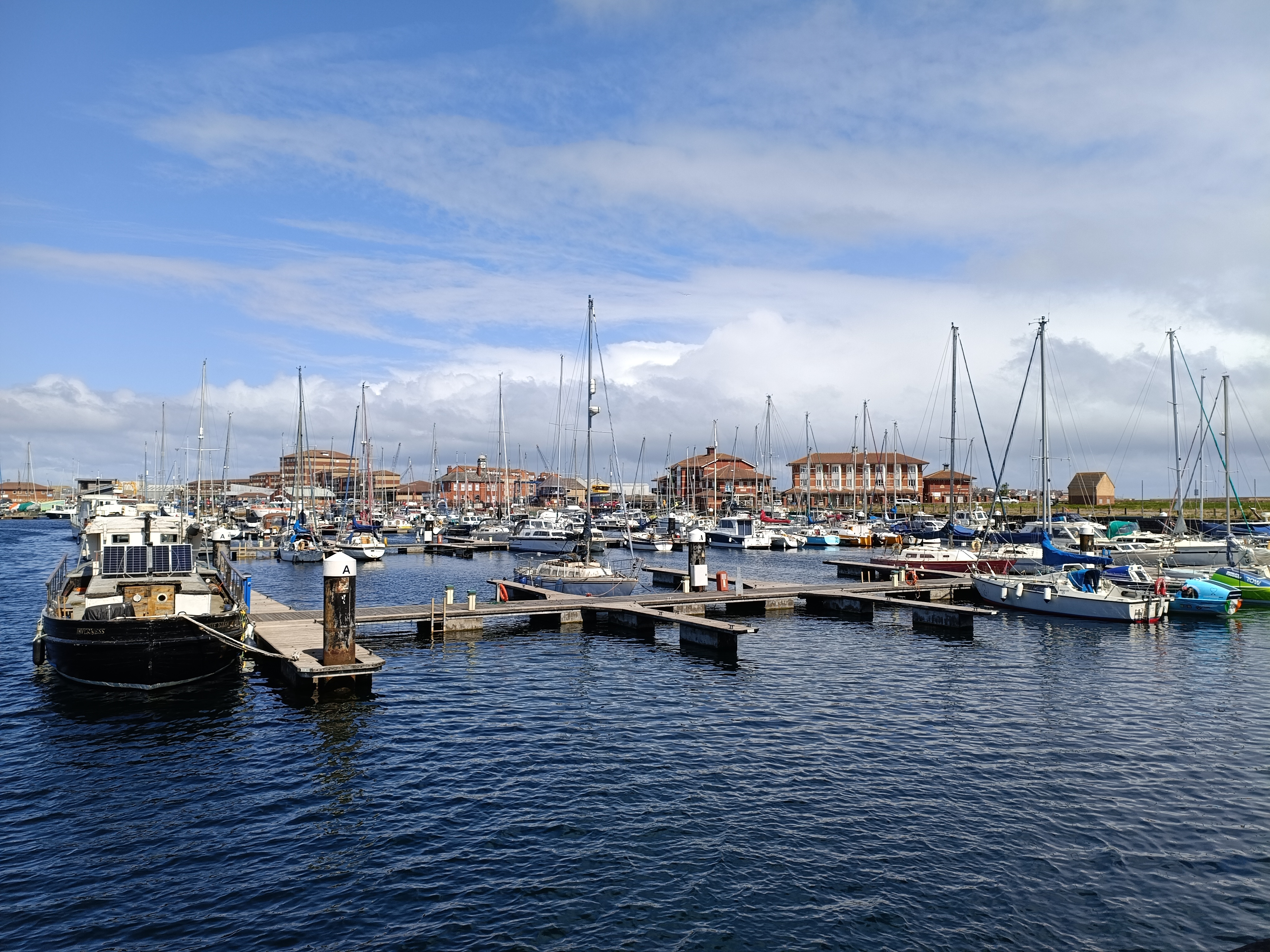 view of a marina with numerous sailboats and vessels moored at floating pontoon docks