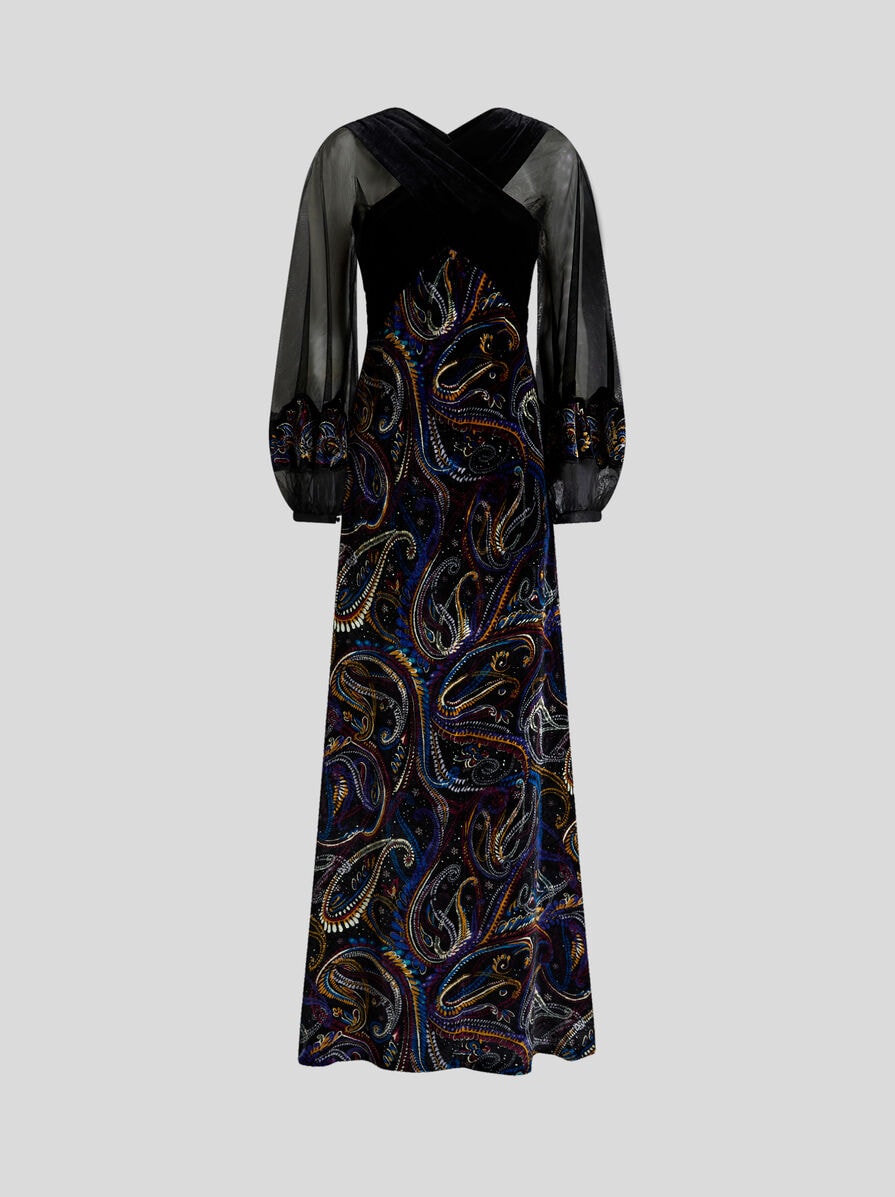 Long Velvet Dress With Paisley Foliage Motif