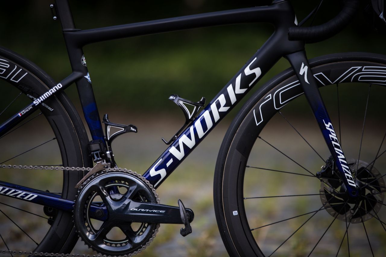 Specialized's sponsored teams use contrasting decals on their bikes and accessories for maximum brand exposure