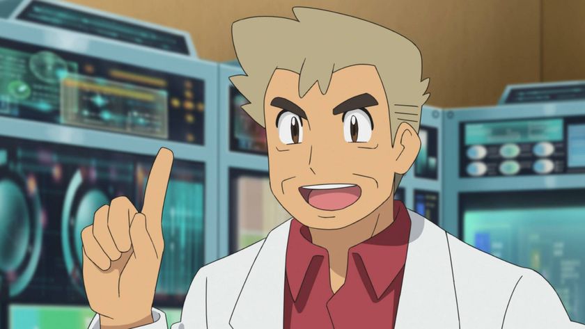 Professor Oak smiling, raising his hand in the Pokemon anime.