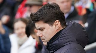 Chelsea manager Mauricio Pochettino looks on during the Blues' 2-2 draw at Brentford in March 2024.