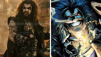 Split image showing the alien bounty hunter Lobo in Supergirl (2026) on the left, and a comic book incarnation on the right.