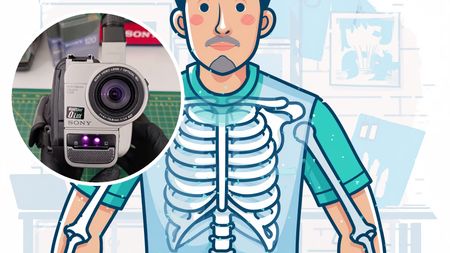 Cartoon of man with X-ray vision leading to skeletal torso, roundel with Sony Handycam in 
