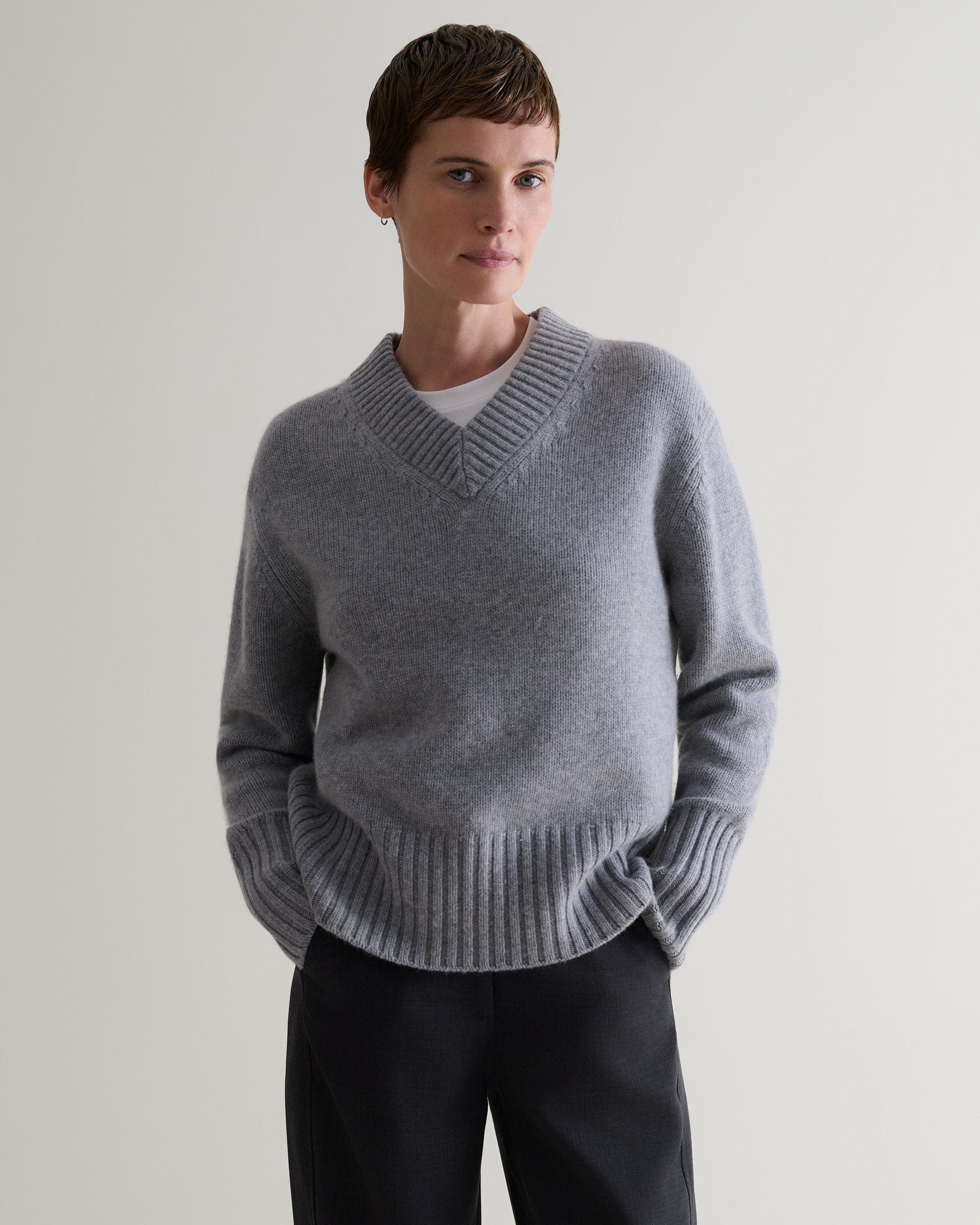 Medium Grey Cashmere Merino V Neck Jumper | Rise &amp;amp; Fall
