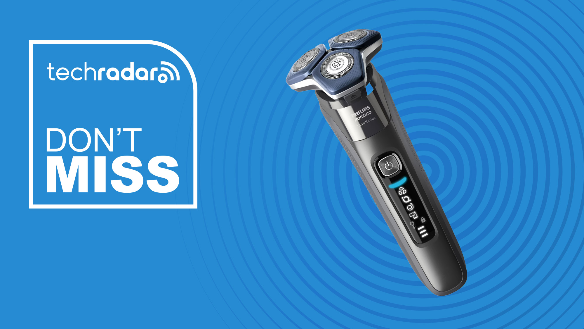Philips Norelco 7200 shaver on a blue background with text &#039;Don&#039;t miss&#039;