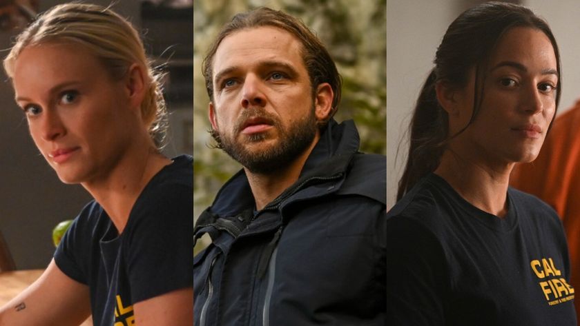 From left to right: Audrey sitting at a table looking forward, Bode standing outside and looking up and Gabriela standing inside looking forward in Fire Country.