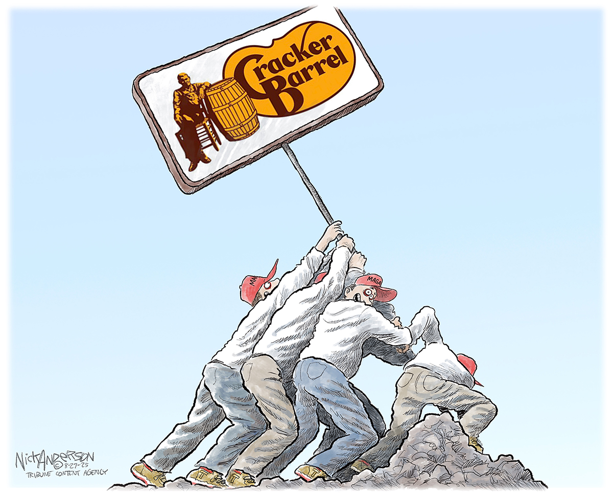 This cartoon resembles the famous image from World War II of American soldiers raising the flag on Iwo Jima. In this version, a group of MAGA supporters with red hats are raising the original Cracker Barrel logo.
