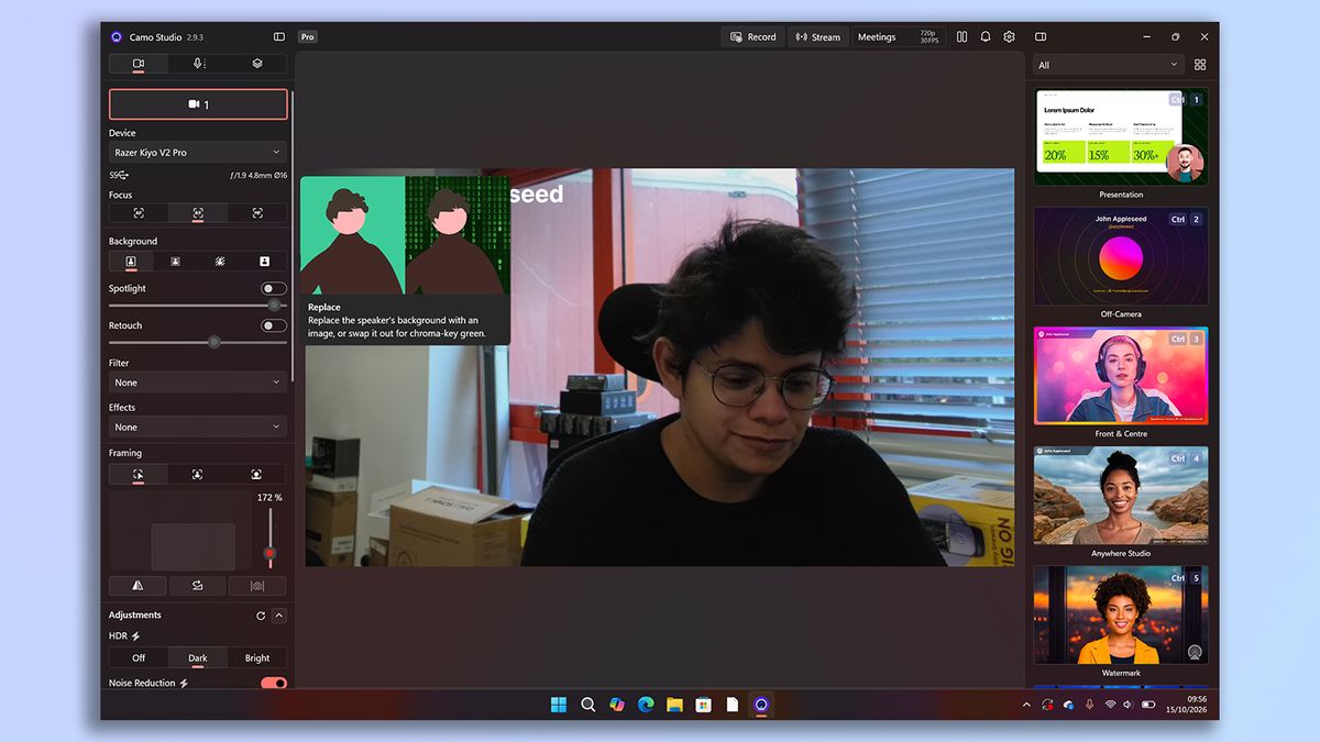 A screenshot of the Razer Kiyo V2 Pro's companion software
