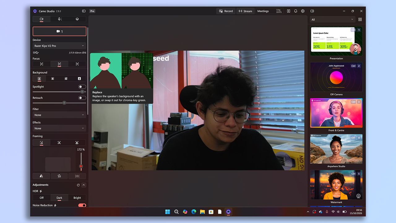 A screenshot of the Razer Kiyo V2 Pro's companion software