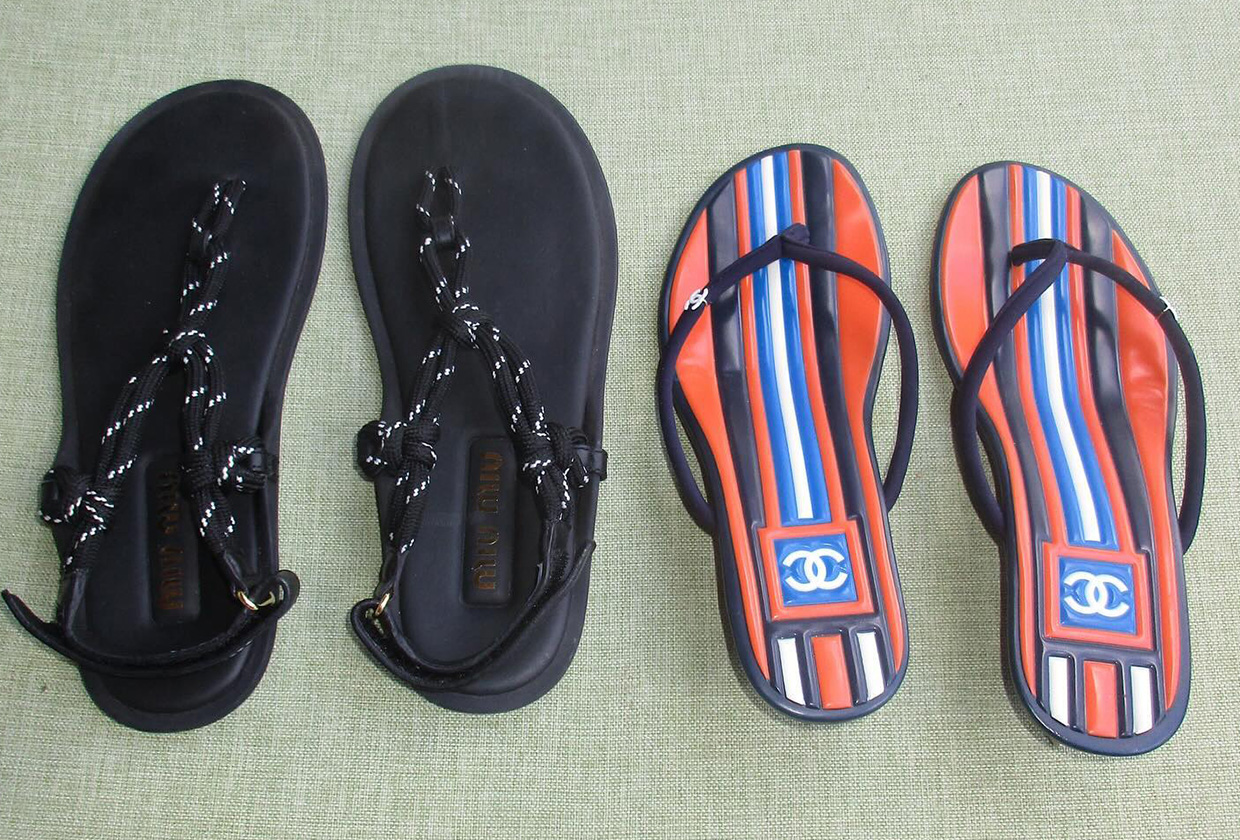 two pairs of designer sandals from Miu Miu and Chanel