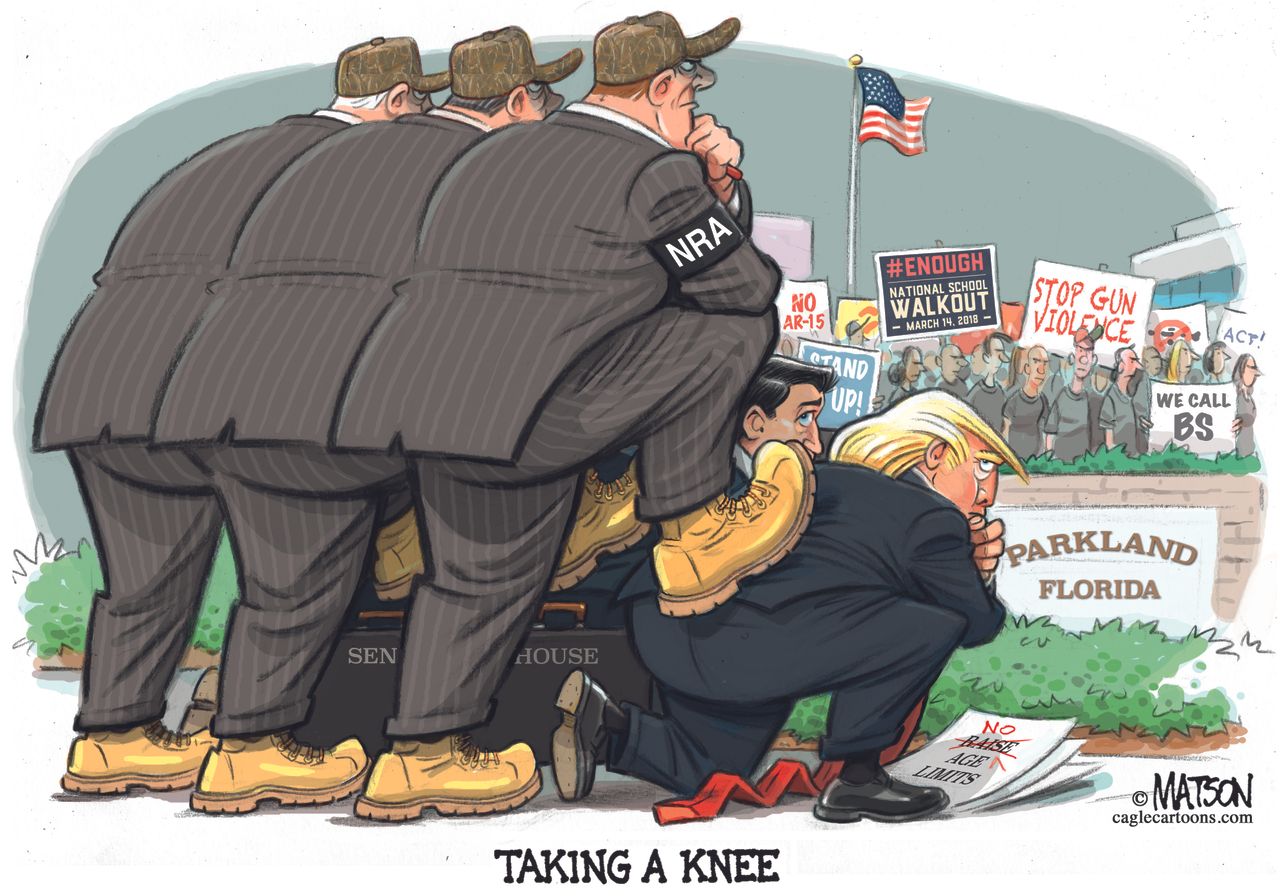 Political cartoon U.S. Trump GOP take a knee NRA Parkland shooting students mass shooting gun control March for Our Lives student walkout