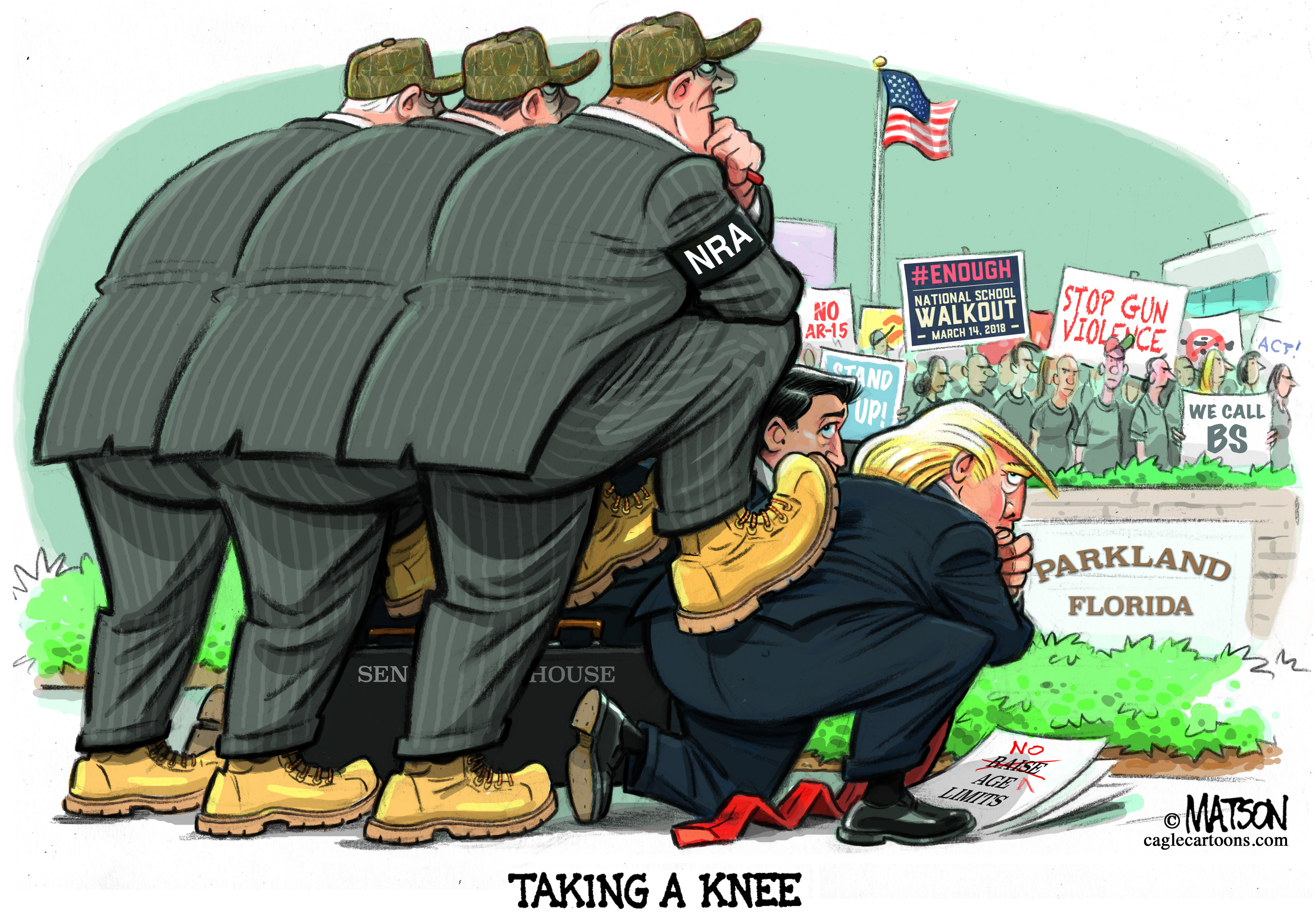 Political cartoon U.S. Trump GOP take a knee NRA Parkland shooting