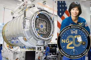 collage consisting of two photos. at left is a cylindrical silver spacecraft inside a white-walled high bay, and at right is a smiling woman in a blue flight suit sitting in front of an american flag.