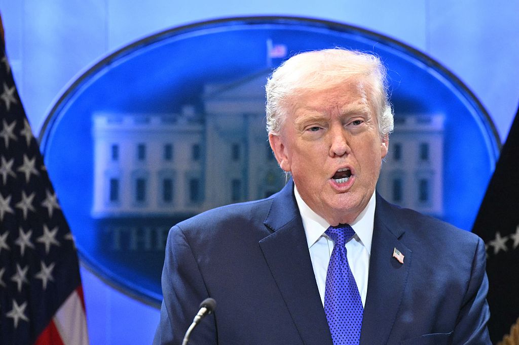 U.S. President Donald Trump answers questions during a press briefing held at the White House February 20, 2026 in Washington, DC following the Supreme Court ruling against the legal basis for his tariff regime.