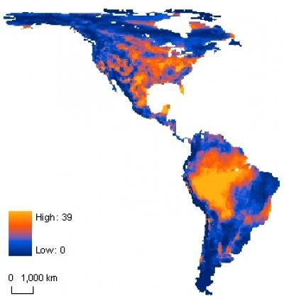 The percentage of mammal species unable to keep pace with climate change in the Americas range from zero and low (blue) to a high of nearly 40 percent (light orange).