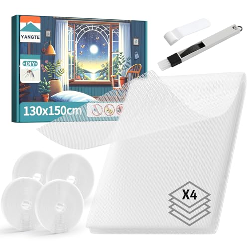4 Packs Fly Screen for Window, Insect Mesh Window Nets1.3m*1.5m, With 4 Rolls Self-Adhesive Tapes,cleaning Brush, White