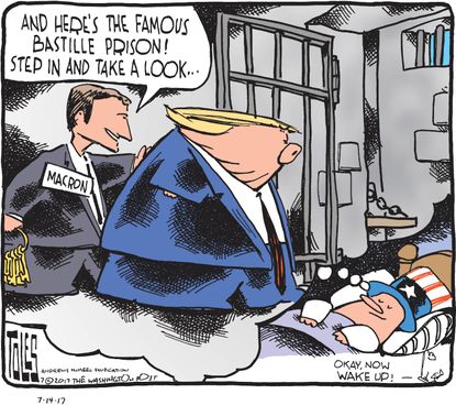 Political cartoon U.S. Trump Macron Bastille Uncle Sam imprisoned
