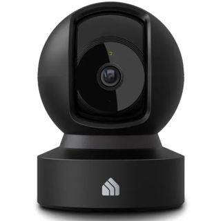 A round black security camera on a small podium stand