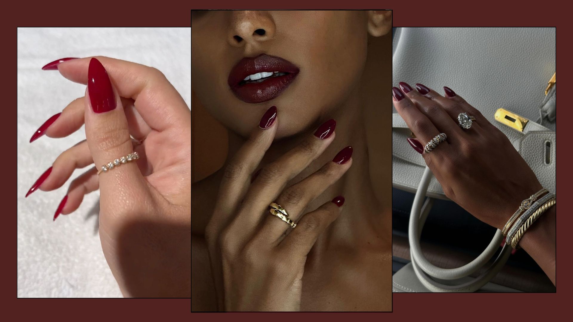 A collage of red nails with OPI Malaga Wine nail polish