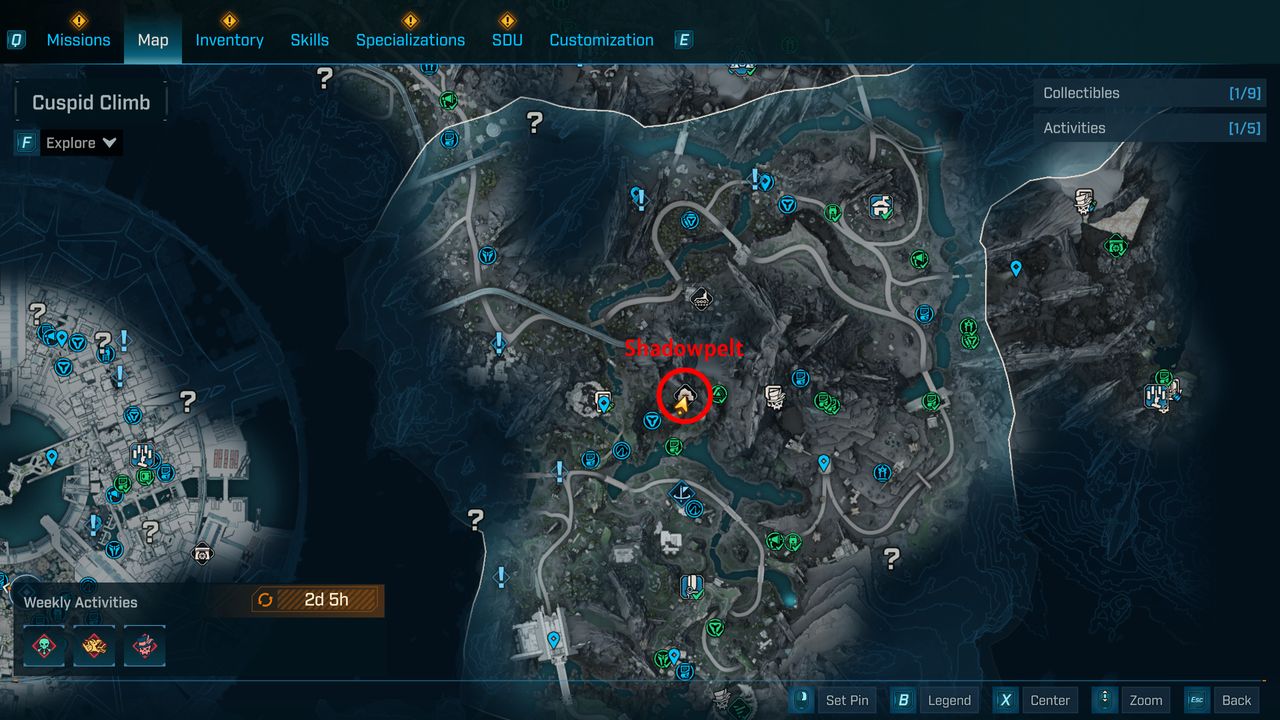 Borderlands 4 UVHM unlocks: A map with a red circle showing the location of the Shadowpelt boss in Terminus Range.