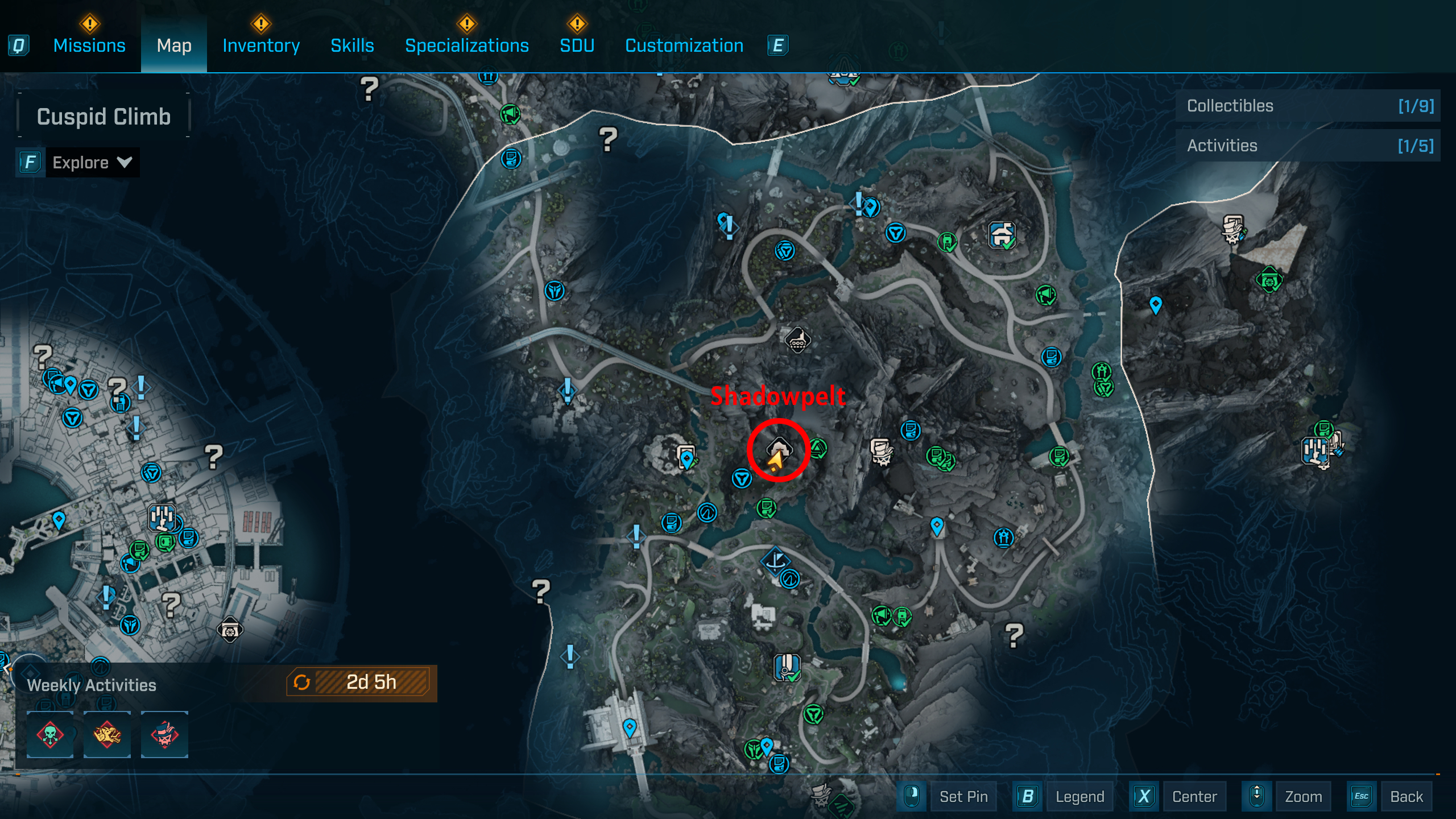 Borderlands 4 UVHM unlocks: A map with a red circle showing the location of the Shadowpelt boss in Terminus Range.