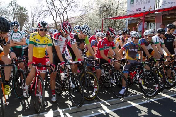 The men's field lines up at the start of stage three of the Merco Cycling Classic.