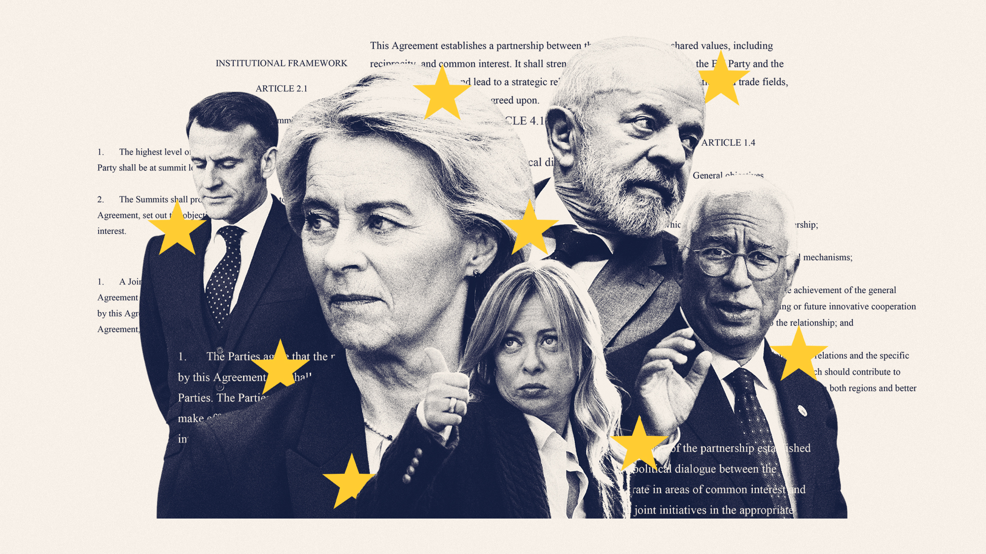Photo composite illustration of Ursula von der Leyen, Antonio Costa, Lula da Silva, Giorgia Meloni and Emmanuel Macron