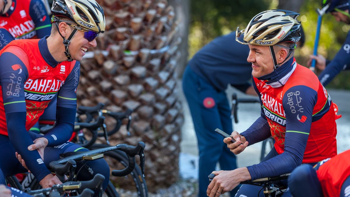 Ramunas Navardauskas and Heinrich Haussler at the Bahrain-Merida camp in Croatia