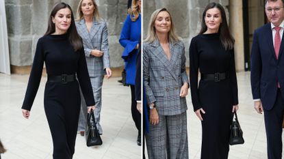 Composite of two pictures of Queen Letizia of Spain wearing a black jumper dress with a black belt and and knee high boots at the commemoration of the 25th anniversary of the &quot;Aequitas Foundation&quot;