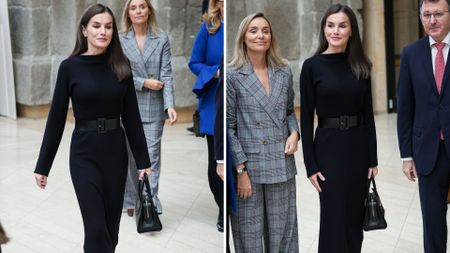 Composite of two pictures of Queen Letizia of Spain wearing a black jumper dress with a black belt and and knee high boots at the commemoration of the 25th anniversary of the "Aequitas Foundation"