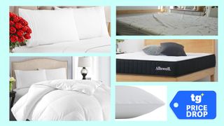 A collage of five pictures showing various pieces of hotel-style bedding. In the bottom right foreground, there is a deals badge.
