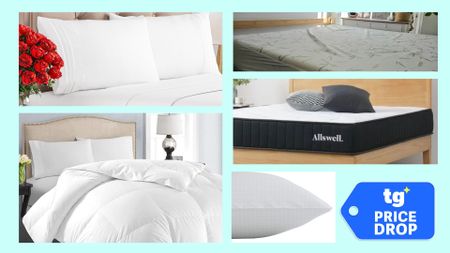 A collage of five pictures showing various pieces of hotel-style bedding. In the bottom right foreground, there is a deals badge. 
