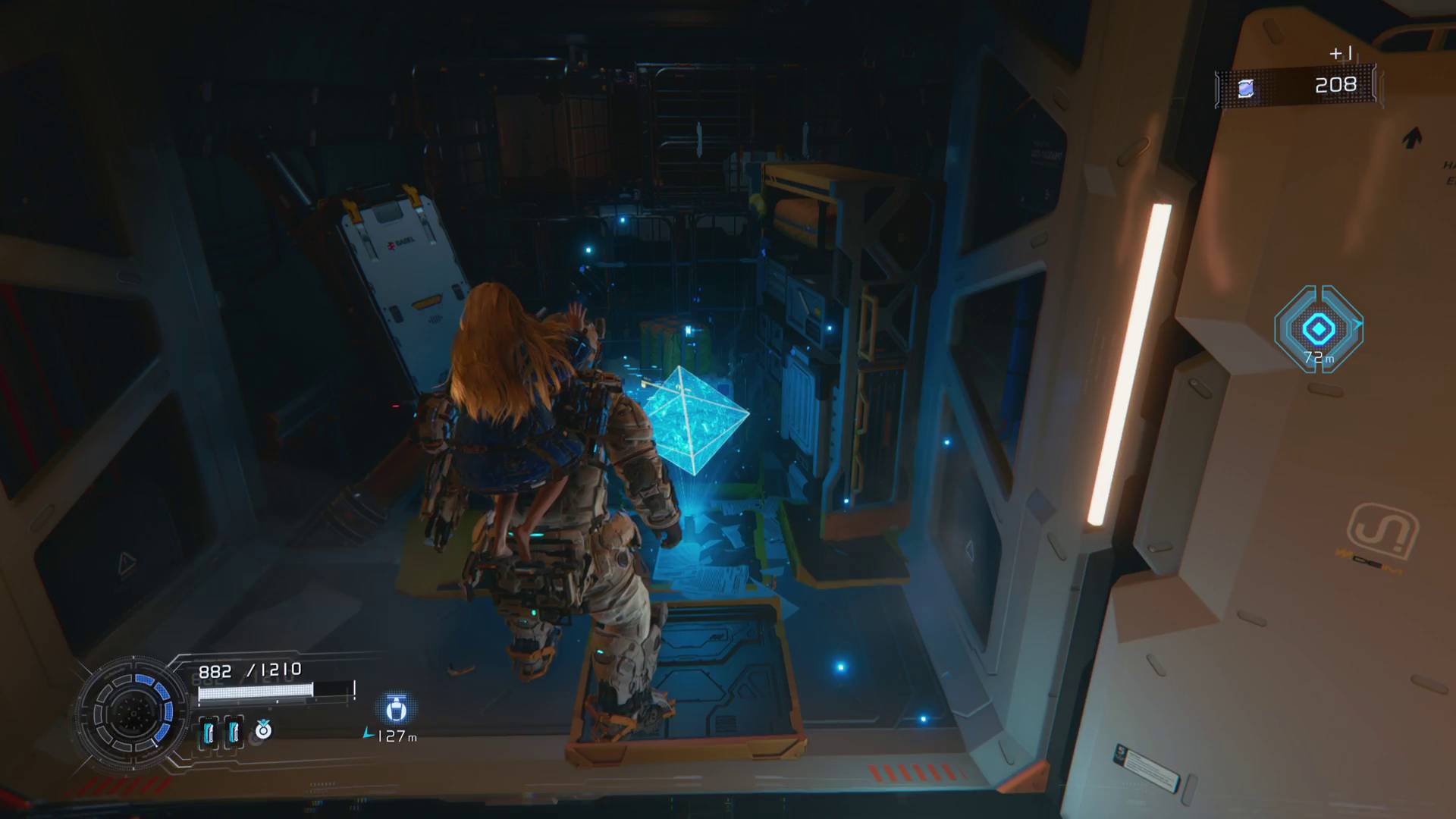 Pragmata Hugh standing over blue data shard resource